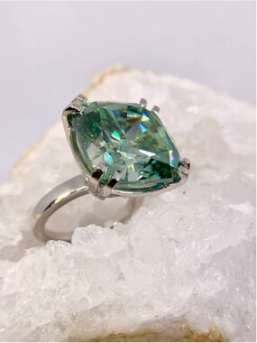 Huge Cushion Cut Moissanite Ring Vivid Blue Green 925 Silver 22 Ct Cocktail Ring